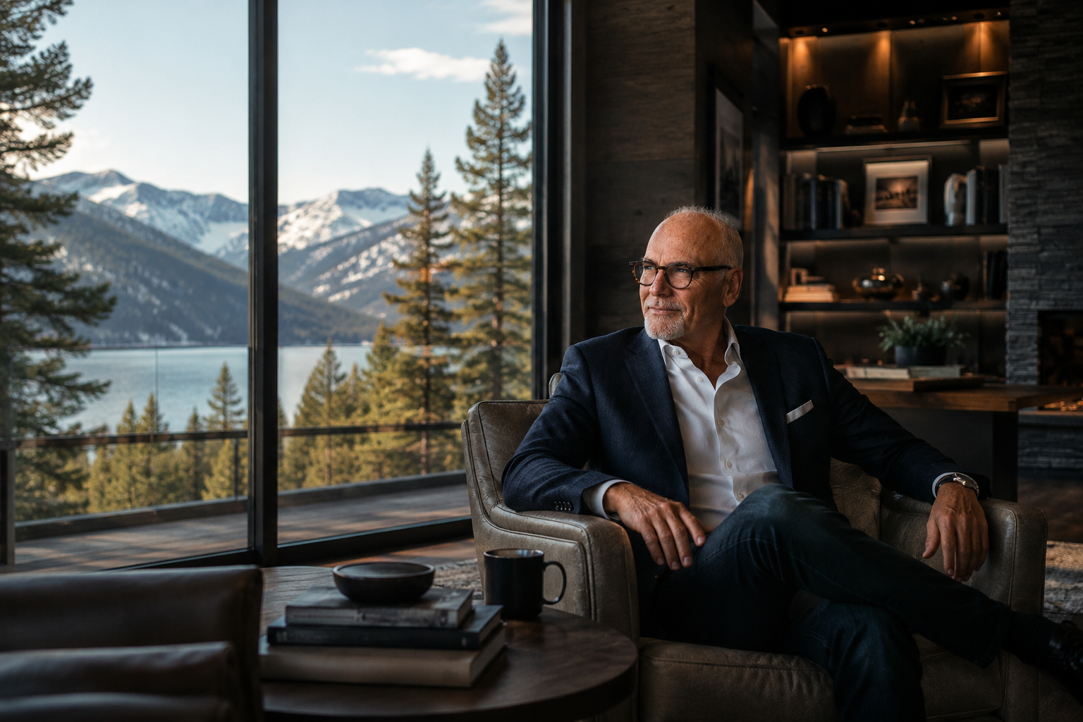 David Kord Murray in his study above the lake, looking out at the mountains