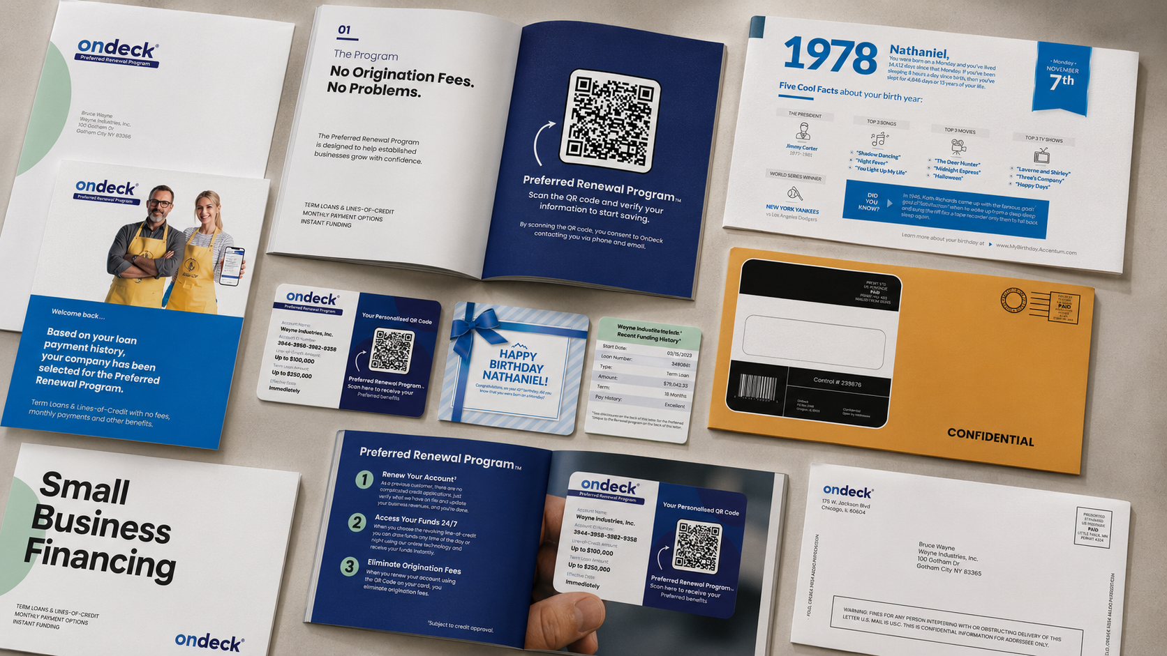 OnDeck Preferred Renewal Program direct mail set: outer envelopes, brochure spreads, personalized QR card, and birthday insert
